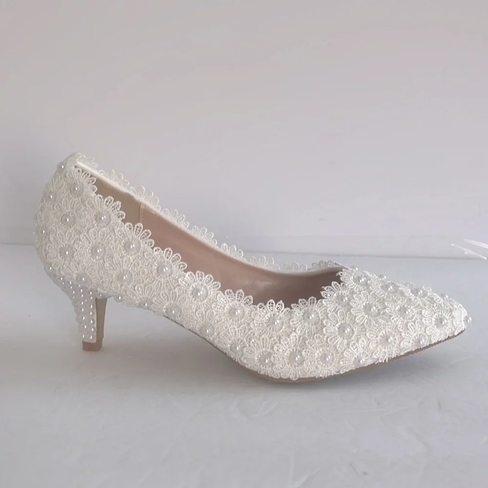 Crystal Queen Bridal White Lace Pearl Kitten Heels Wedding Pumps Size 40 8.5 US - Picture 10 of 15